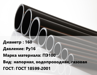 Труба полиэтиленовая 160 Ру16 ПЭ100 напорная, водопроводная, газовая ГОСТ: ГОСТ 18599-2001, м, 11, по запросу цена от 6278 Р / м, где купить, условия доставки в Минске и Минской области